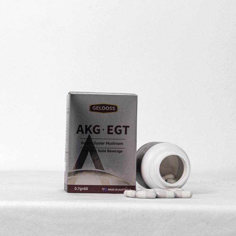 戈露斯®AKG.EGT金顶侧耳复合固体饮料 正面（横放开瓶）